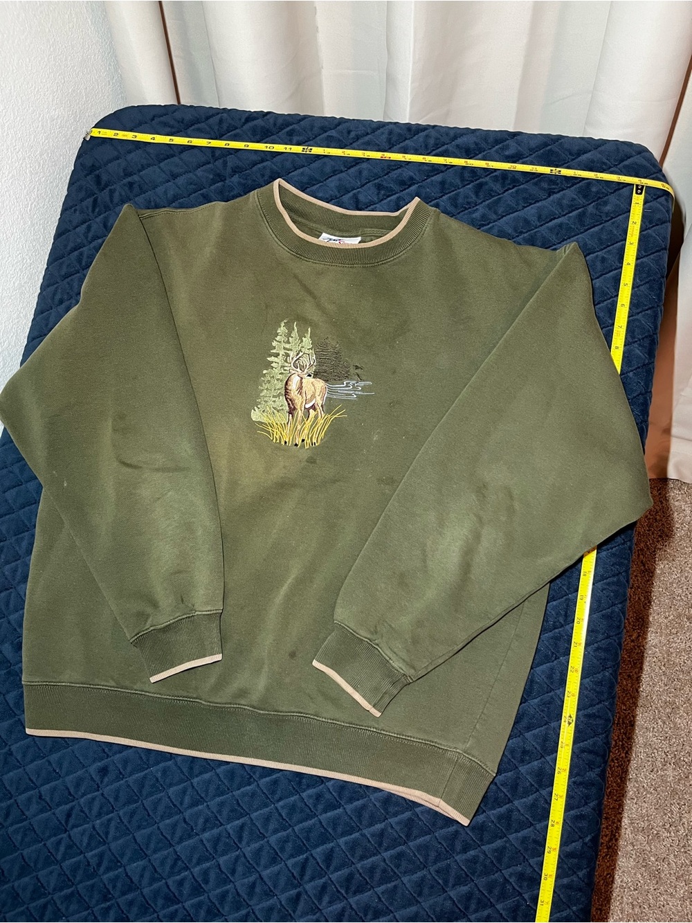 Olive Green Crewneck Sweater with Elk Embroidery